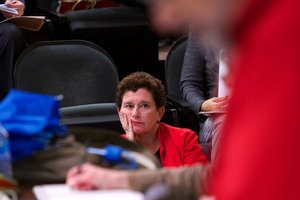 Chancellor Nancy Cantor listens to representatives from the Committee on Athletic Policy and the Committee on Computing Services speak about recent changes and recommendations.