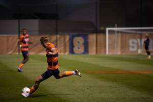 Simon Triantafillou (pictured in the fall) scored Syracuse's only goal of the game on Friday from the penalty spot.