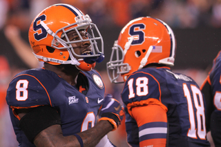 Syracuse Orange cornerback Keon Lyn #8 reacts after a play.