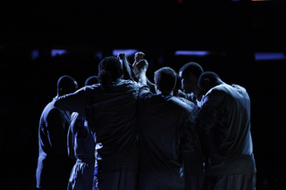 Georgetown gets into its pregame huddle at Madison Square Garden Friday night.