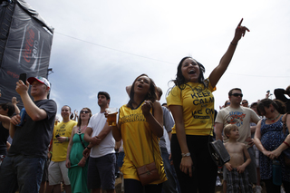 Chelsea Jenkins (left) and Jasmin Lekyi- Menson (right) dance to the live performance by Macklemore and Ryan Lewis.