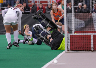 Russell looks on as she fires a shot just wide of the UConn goal after Klein had been drawn out by Brooks on a breakaway.